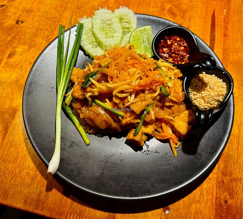 Tasty vegan pad Thai with tofu, chilis and crushed peanuts. at Café Restaurant Malee in Koh Samui
