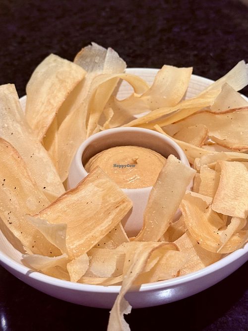 Yucca chips with corn saucee  at 17 Plant Based in Evanston