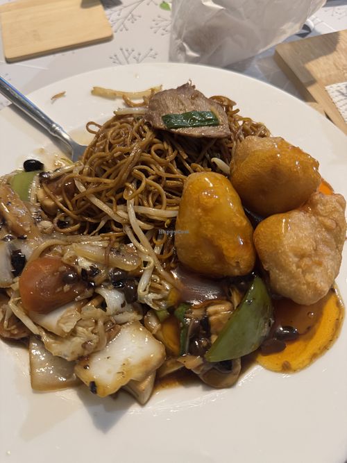 Mixed veg in black bean, vegan beef chow mein, vegan sweet and sour chicken balls  at Peninsular Cantonese Takeaway in Tamworth