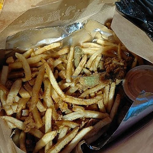 Vegan fried pickles and fries. Hedonistic glory!  at Kale's Kytchen (Food Truck) in Houston