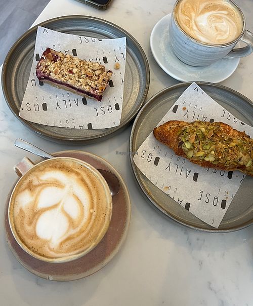 Almond milk latte, vegan pistachio croissant and blackberry and apple “crumble jack”   at Daily Dose Coffee - Aughton in Ormskirk