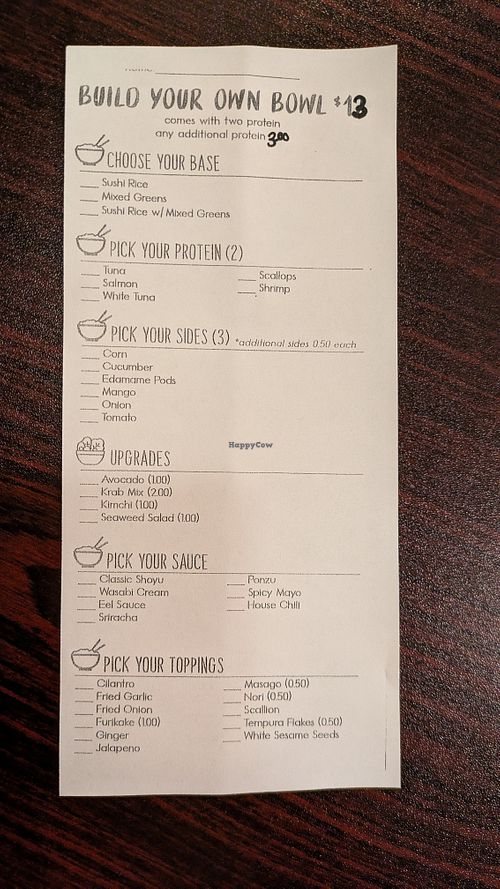 Poke options. All Sauces are vegan except the Wasabi Cream and Spicy Mayo. at Bamboo House Restaurant in Euless