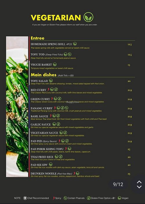 Vegetarian menu at time at Phranakorn Thai Cafe and Restaurant in Townsville City