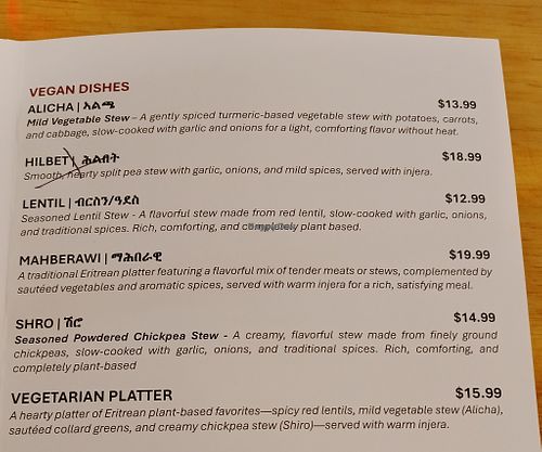vegan menu at Hidmona Eritrean Cafe in Reynoldsburg