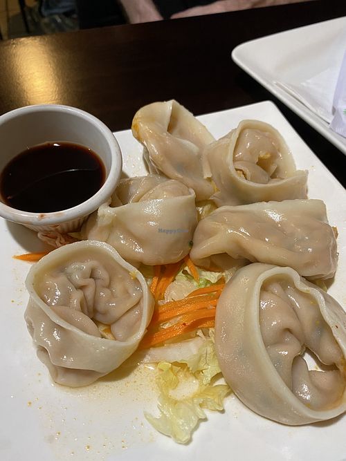 Steamed dumplings were the spiciest item we ordered, kinda wet tho at My Thai Vegan Cafe in Boston