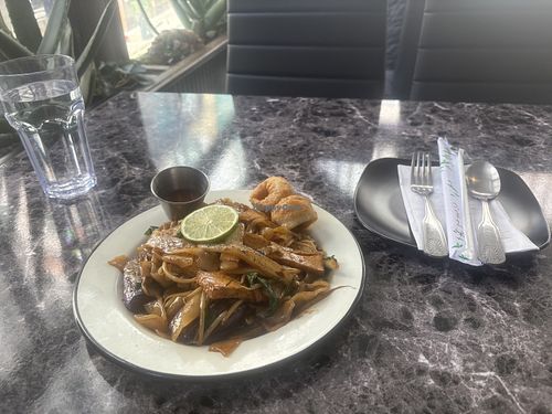 Fried flat rice noodles with eggplant and tofu: $13.50  at My Thai Vegan Cafe in Boston