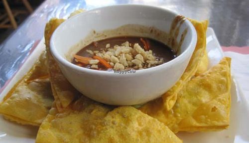 Golden Triangles with Peanut Sauce... yummy, but not healthy at My Thai Vegan Cafe in Boston