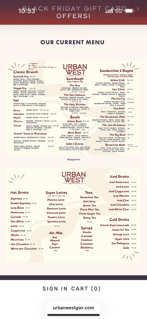 Menu   at Urban West in Glasgow