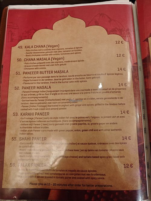 Menu at Royal Indian Restaurant in Brussels