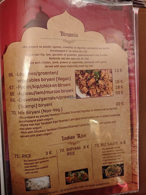 Menu at Royal Indian Restaurant in Brussels