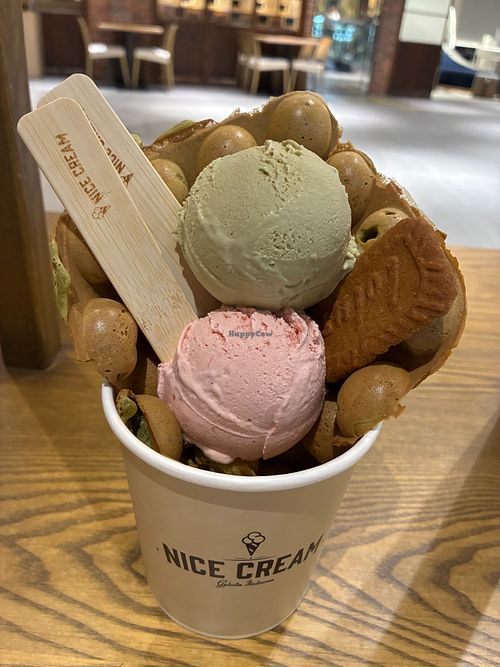 Matcha bubble waffle with Sicilian pistachio gelato and strawberry gelato at Nice Cream - Xinyi in Taipei