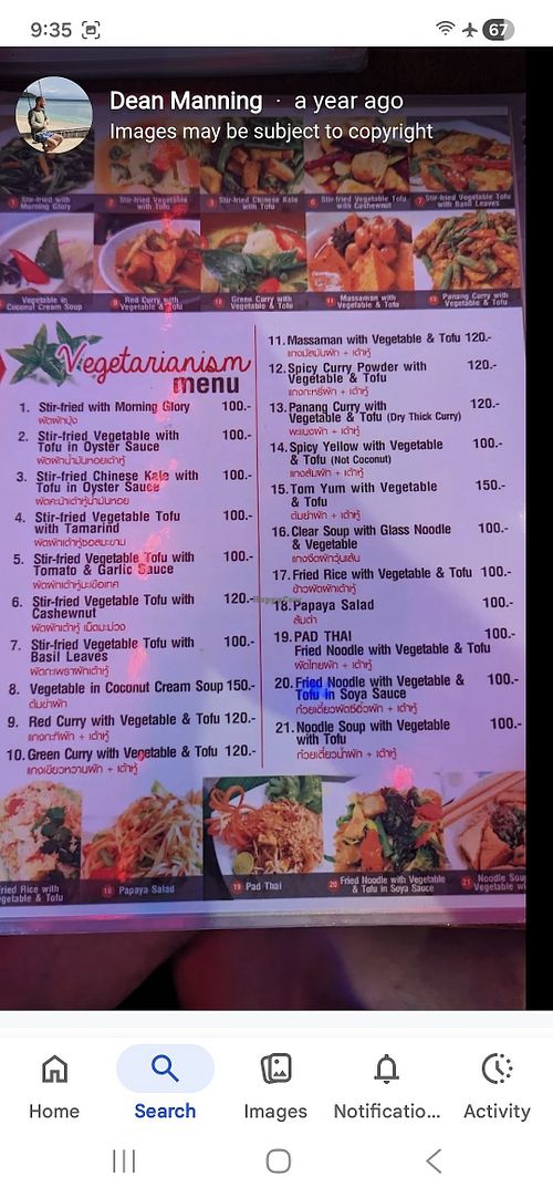 Photo of vege page of the menu.  Note that a few items everywhere in Thailand can have oyster sauce but they can make it without. at Tree House Bar & Restaurant in Krabi