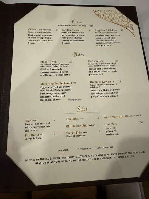 Menu (mains) at Sara's Kitchen in Saratoga Springs