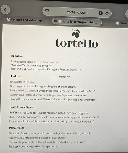 A sample of the menu  at Tortello Italian Restaurant Bayswater in London