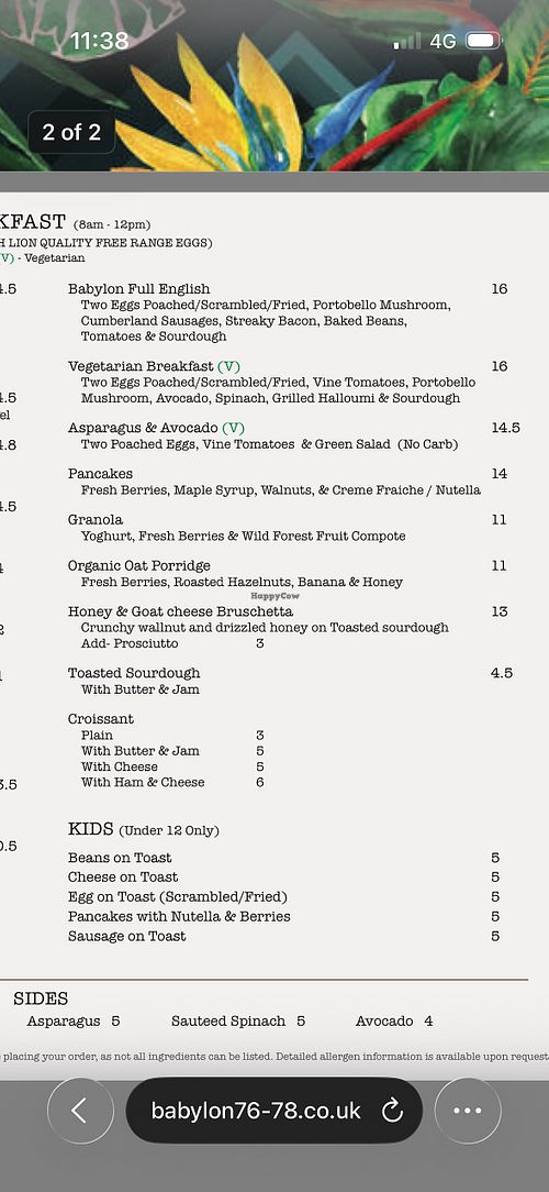 Menu avocado toast   at Babylon in London