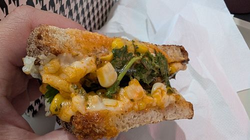 The Vegan Elote grilled cheese + crispy tofu! Spicy and delicious. at Disco Rabbit in La Quinta