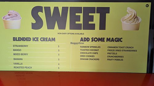 All ice cream flavors are freshly made by mixing fruit with the ice cream base, and it comes out as soft serve! So any flavor can be made vegan and most toppings/mix-ins are vegan! at Disco Rabbit in La Quinta