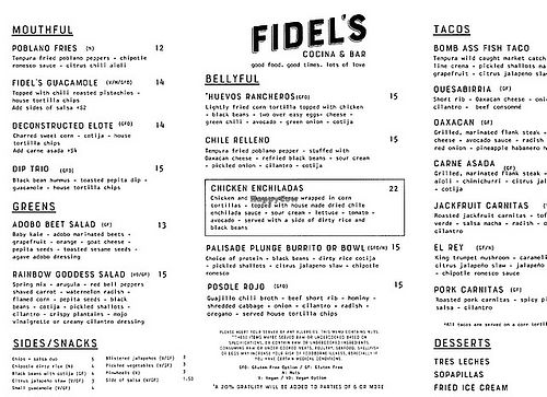Menu provided    at Fidel's Cocina & Bar in Palisade