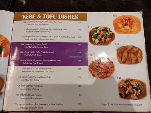 Menu: vege + tofu dishes at Kruaboon Thai in Bangkok