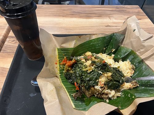 Pandawa with jackfruit curry (the best I’ve ever had), spinach (check for fish sauce), green beans and potatoes, and the normal giant sized grass jelly drink  at Pandawa Nasi Bungkus Australia in Sydney