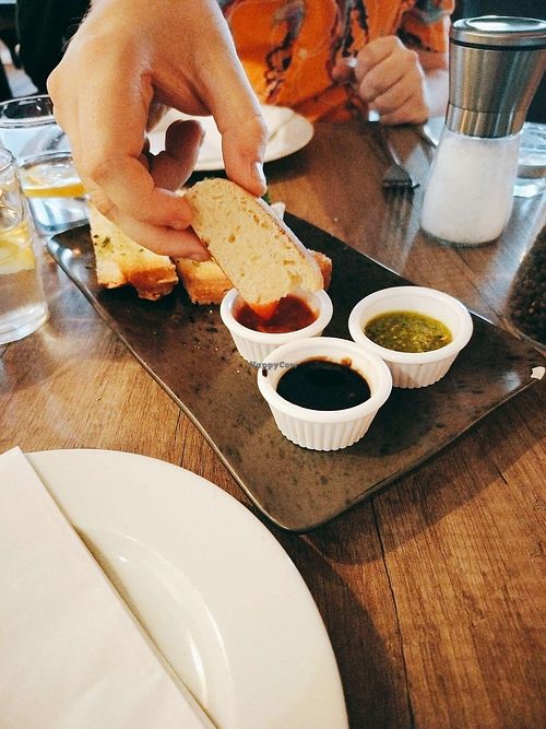 Bread & Dips (Spicy Tomato, Balsamic Vinegar, Pesto [Pesto is only Vegetarian]) at Rosello Restaurant in Wolverhampton