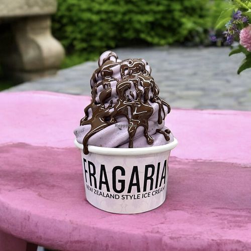 Cherries blended into plant-based vanilla ice cream and topped with melted chocolate   at Fragaria in Maitland