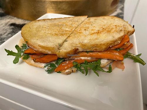 CLT
Carrot “Bacon”, Lettuce, Tomato, & Veganaise on Red Hen Kitchen Sourdough Bread. 
 at Starry Bites in Eugene