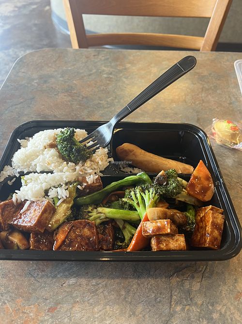 Tofu and veggies in brown sauce with a spring roll   at Rice Fun - Mooresville in Mooresville