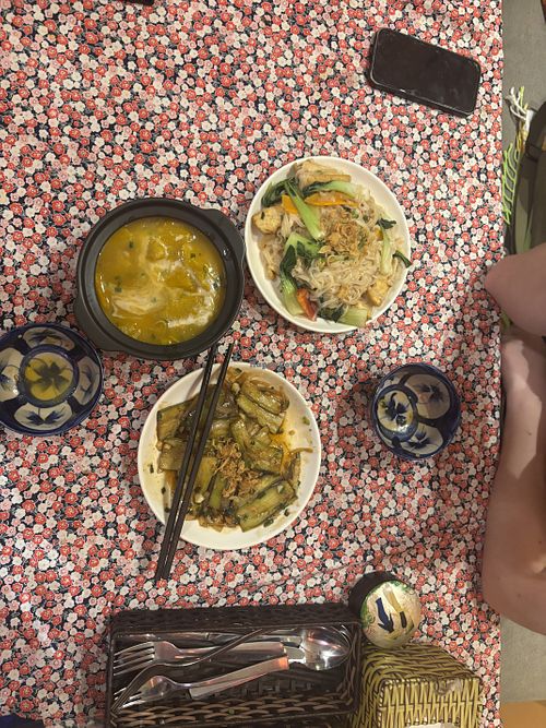 Pumpkin coconut cream (also came with rice), fried noodles with tofu veg, and eggplant with onion and garlic.  at The Tamarind Tree | Restaurant and Coffee in Da Nang