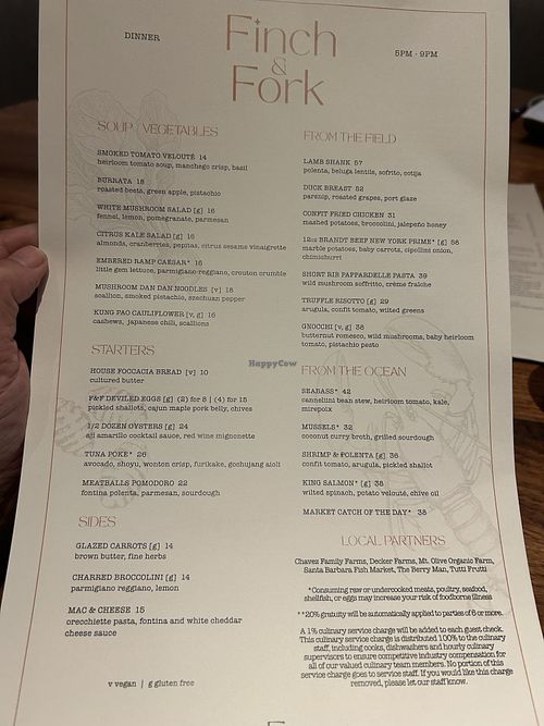 Menú w marked vegan options   at Finch & Fork in Santa Barbara