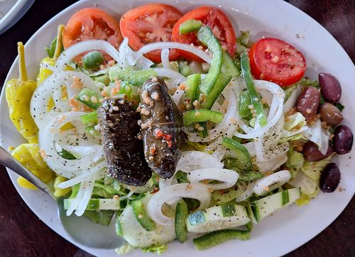 Greek salad sans cheese. at Tower of Pizza in Key Largo