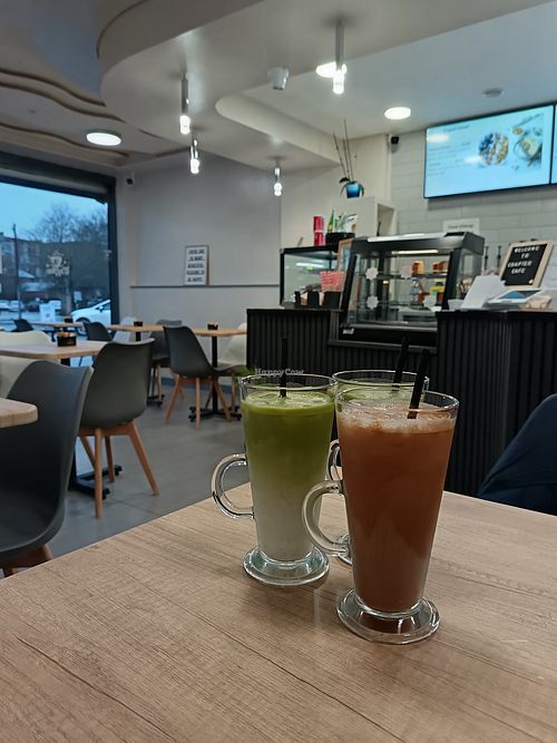 Iced latte and iced matcha latte at Chapter Café in Nottingham