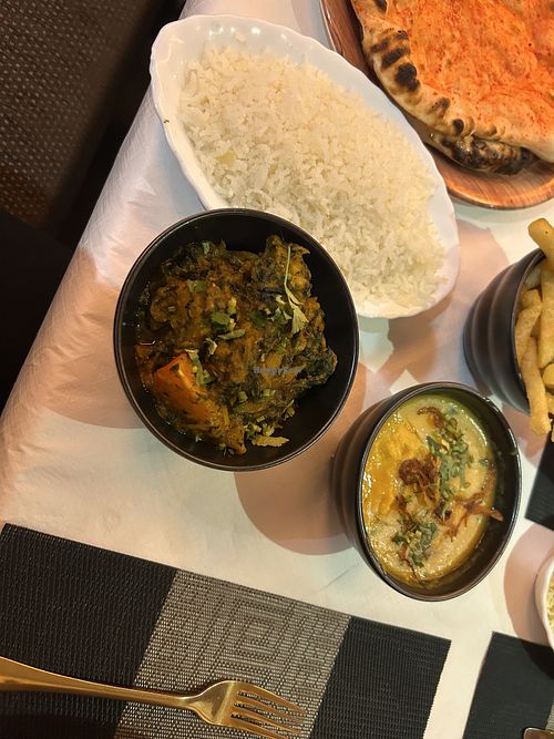 Dhal, coconut rice and sag aloo  at Panache in Elgin