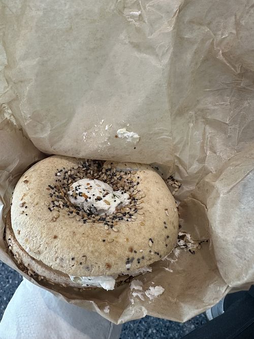 Everything bagelbono with artichoke tofu spread   at Liberty Bagels Grand Central in New York City