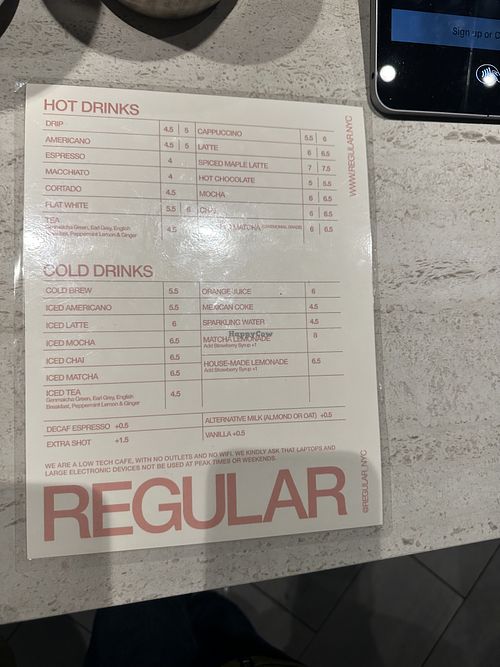 Coffee bar menu  at REGULAR NYC in New York City