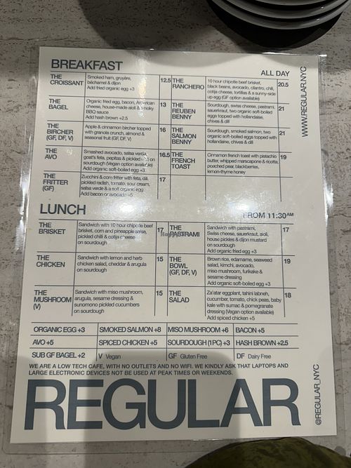 Food menu  at REGULAR NYC in New York City