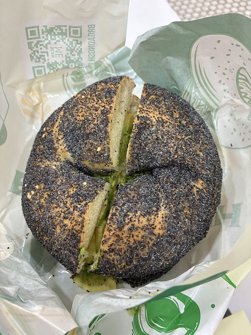 Poppy seed bagel with avocadoo  at Broad Nosh Bagels - 49th St in New York City