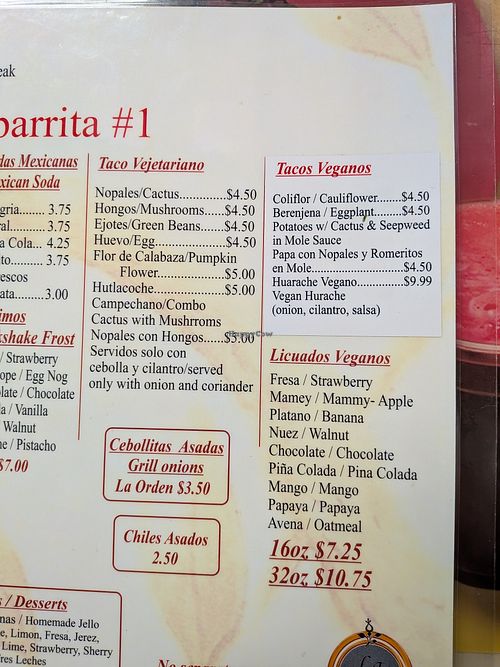 'Tacos Veganos' section is vegan!
'Tacos Vejetariano' is NOT vegetarian! They cook these menu items with chicken broth and lard. at La Chaparrita Taqueria in Chicago