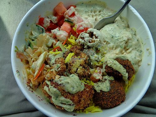 Vegan Feast bowl with herb tahini sauce moved to side. They were out of eggplant that day which would have been on it. at Bezoria - N Olmsted in North Olmsted