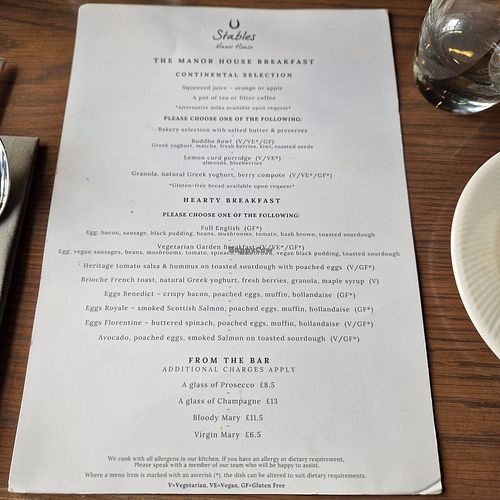 Breakfast menu at Stables Restaurant in Stoke-on-trent