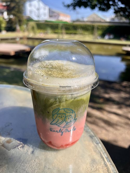 Strawberry iced matcha latte with oat milk   at Early Owls in Chiang Mai