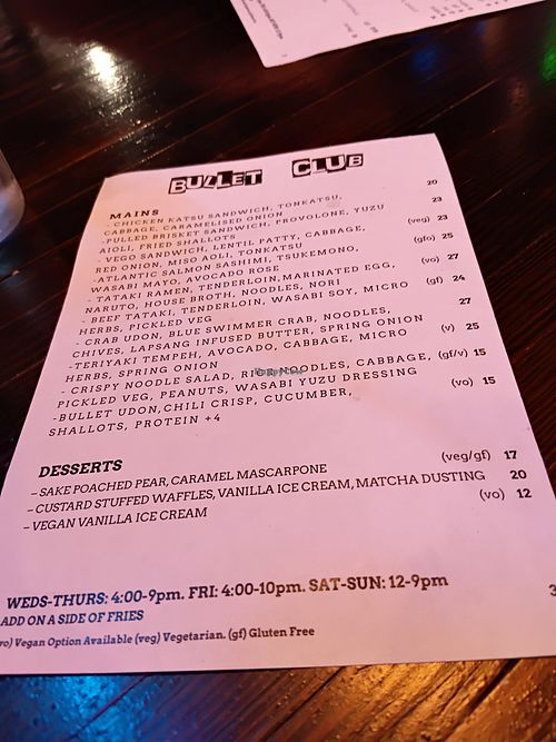 Menu at Bullet Club in Glenelg