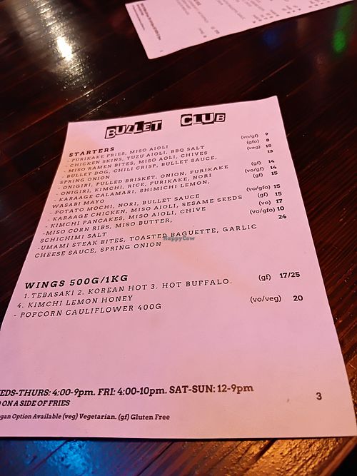 Menu at Bullet Club in Glenelg