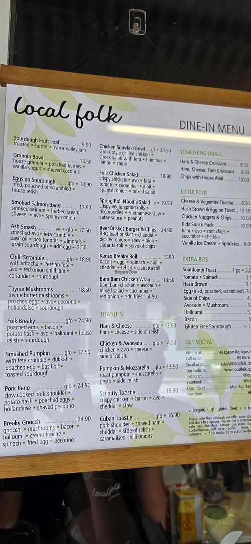 Menu as at 1 March 2026 at Local Folk in Kensington