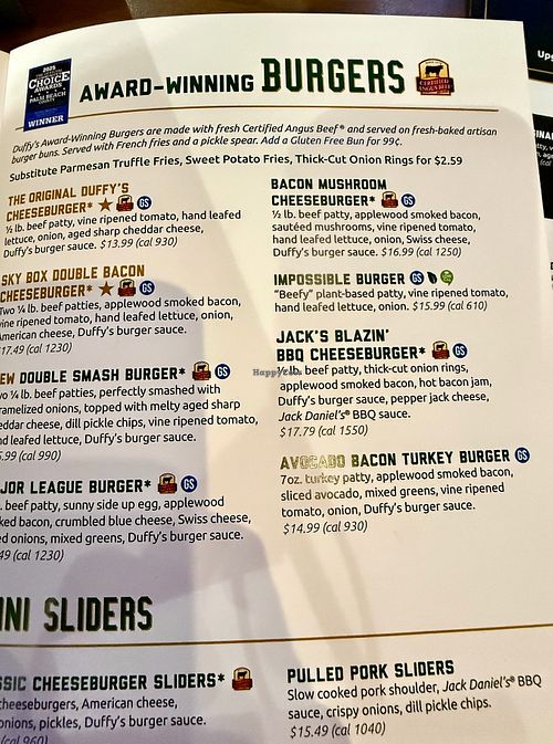 Menu - Impossible Burger labeled at Duffy's Sports Grill in Coconut Creek
