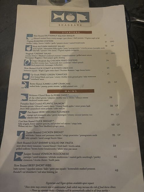 Menu  at Shagbark in Richmond