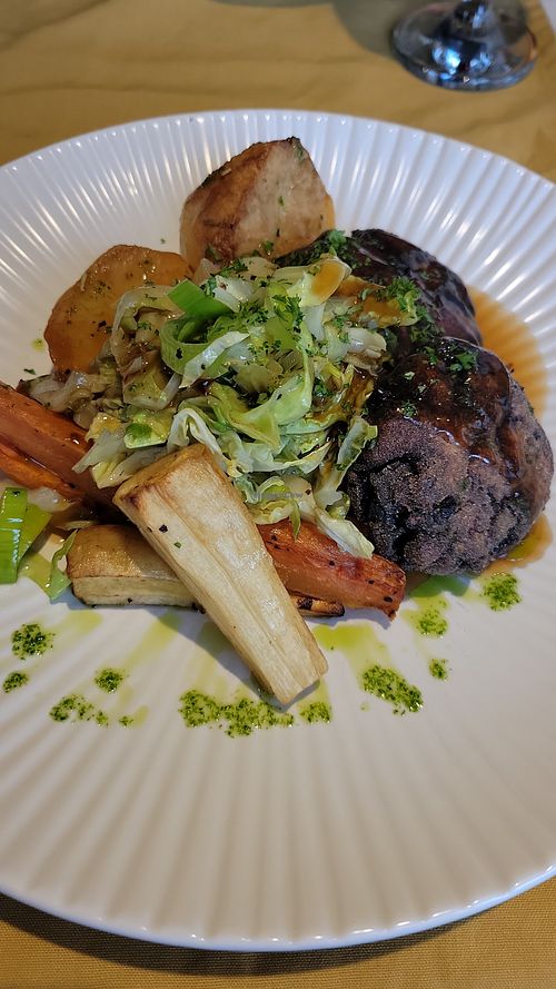 Sweet potato & bean cakes with roast veg at The Bull Inn in Bury St Edmunds