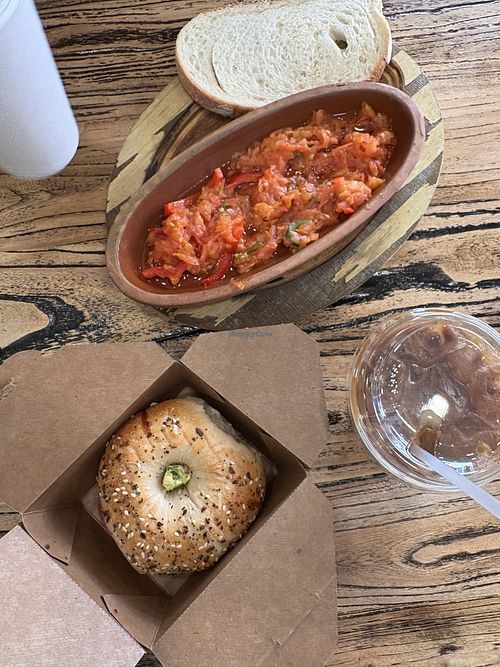 Shakshouka without egg and avocado bagel  at Jujin Broadway Breakfast and Coffee in Chicago