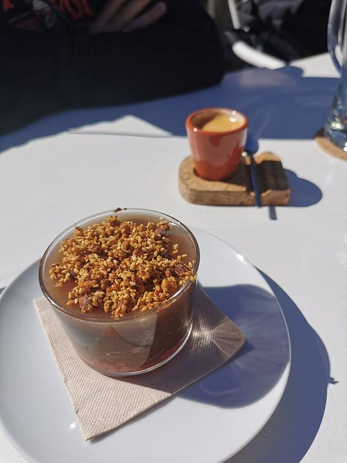 Carob, coconut, and strawberry slush mousse for dessert at Mar d'Estórias in Lagos