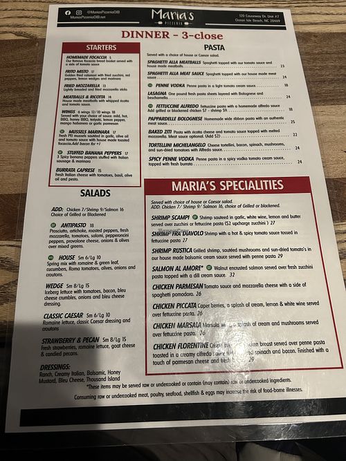 Menu #1  at Maria's Pizzeria in Ocean Isle Beach